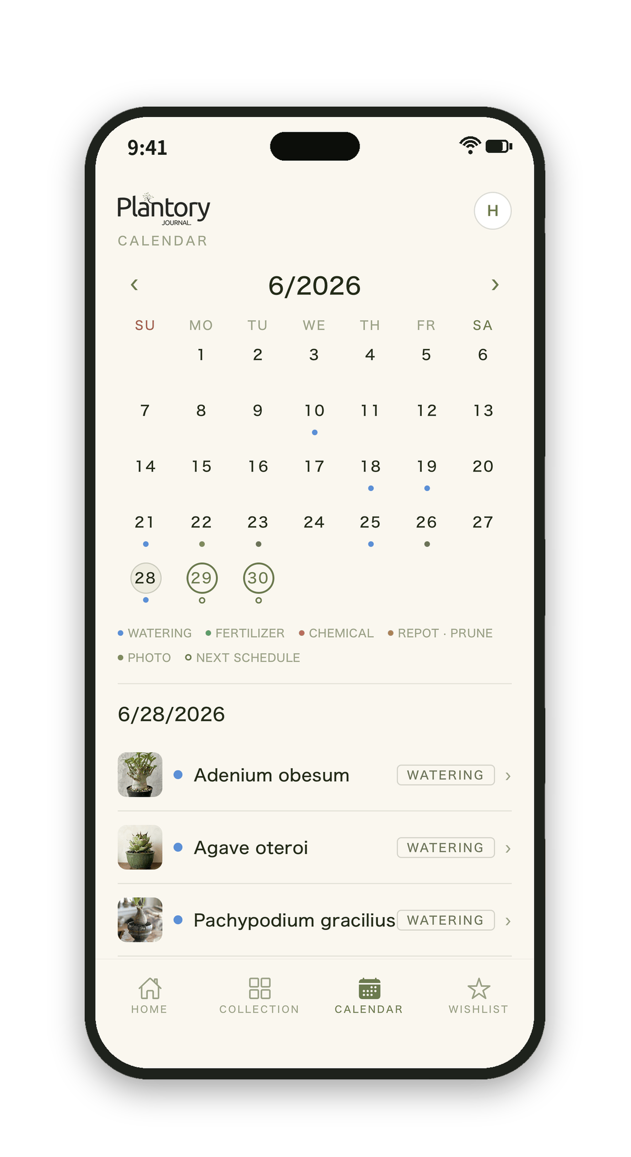 Plantory calendar screen