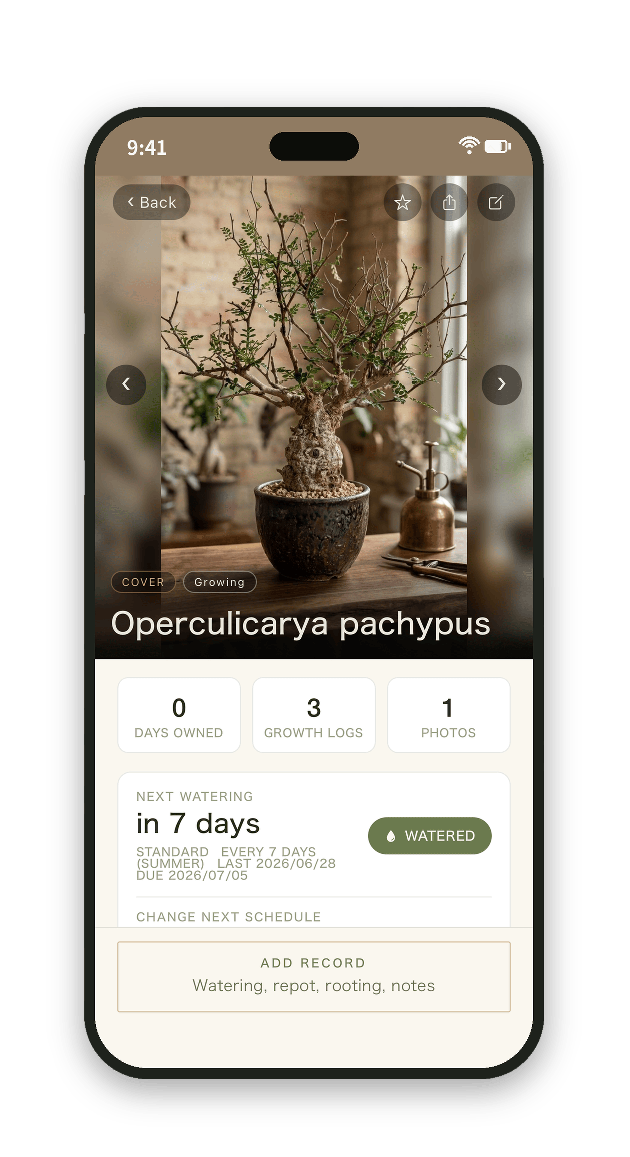 Plantory care log screen