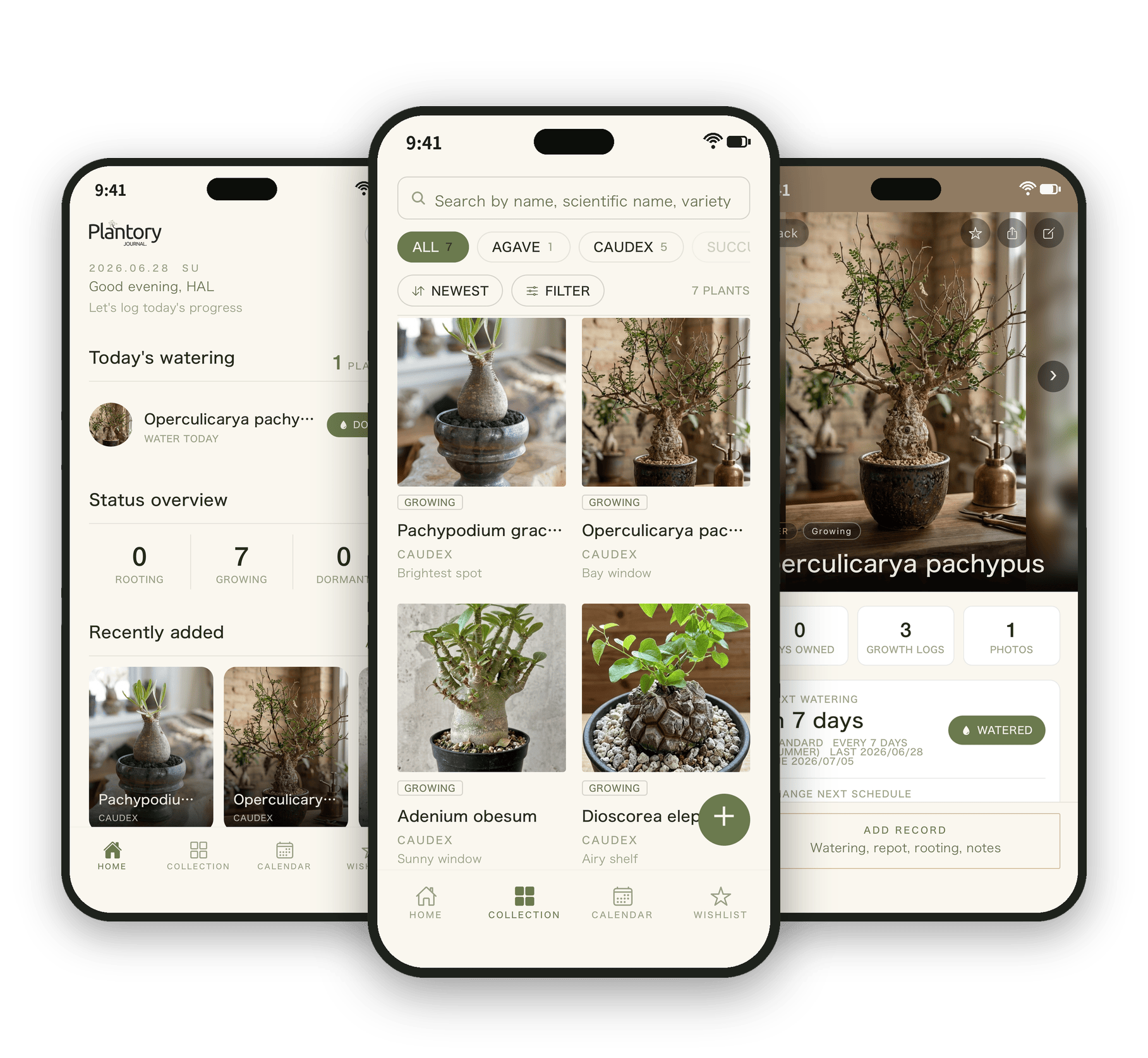 Plantory collection, plant detail and care log screens