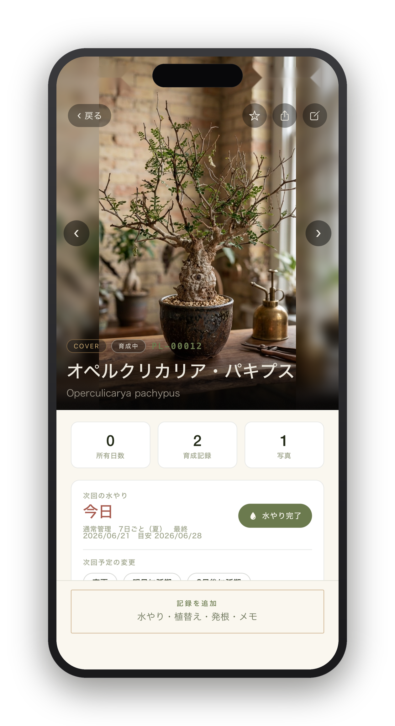 株の詳細・育成記録画面